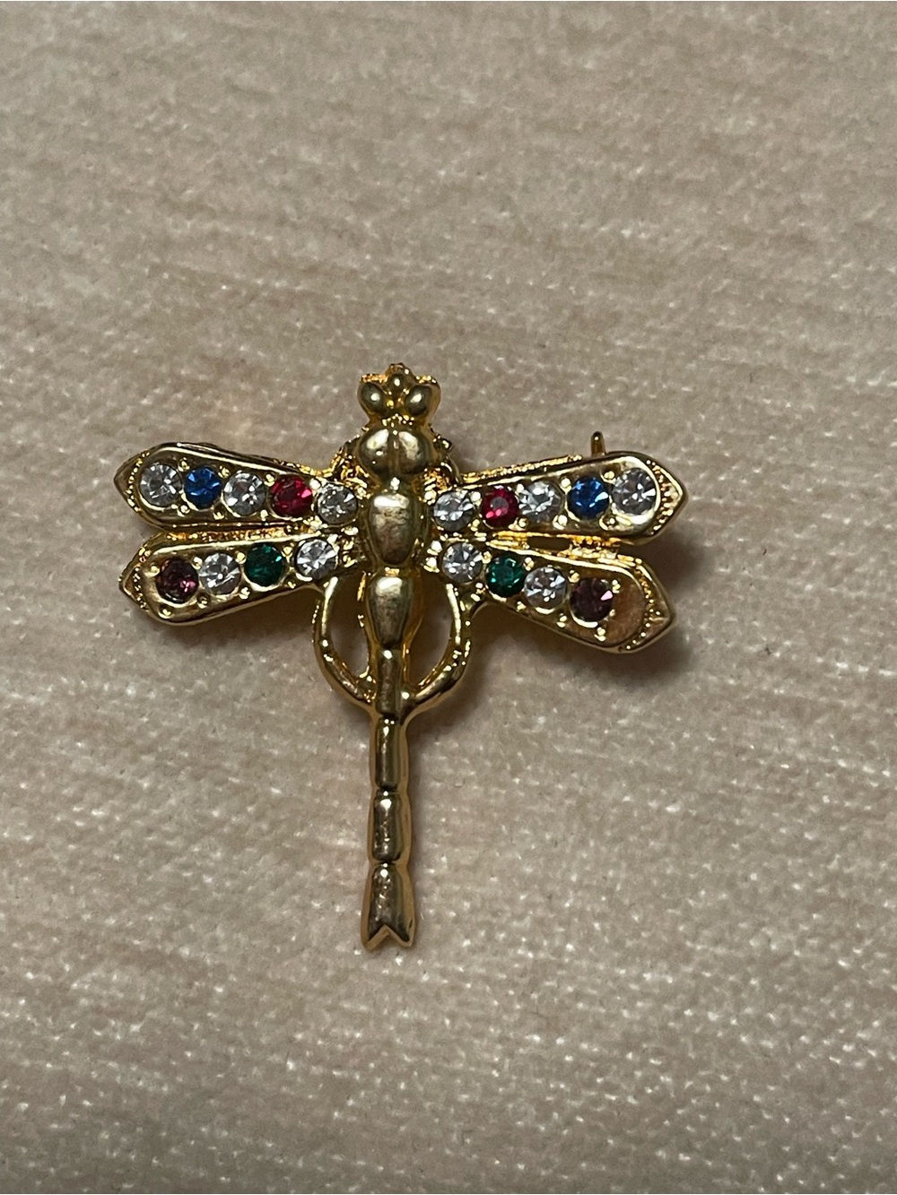 Gold-Tone Dragonfly Brooch with Multicolor Stones